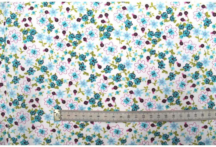 Tissu Popeline Coton Imprimé Fleur Aviva Turquoise -Au Mètre