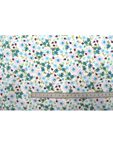 Tissu Popeline Coton Imprimé Fleur Aviva Turquoise -Au Mètre