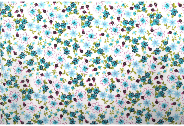 Tissu Popeline Coton Imprimé Fleur Aviva Turquoise -Au Mètre