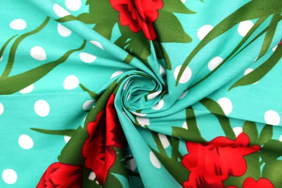 Tissu Popeline Coton Imprimé Fleur Pois Turquoise -Au Mètre