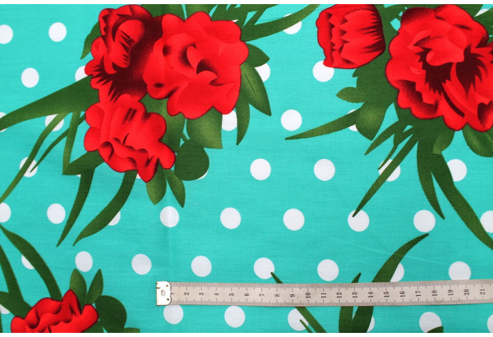 Tissu Popeline Coton Imprimé Fleur Pois Turquoise -Au Mètre