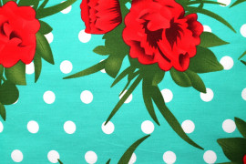 Tissu Popeline Coton Imprimé Fleur Pois Turquoise -Au Mètre