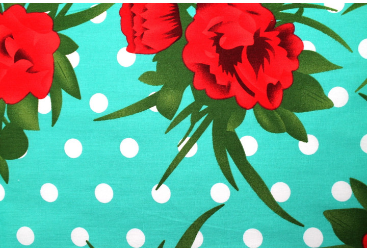 Tissu Popeline Coton Imprimé Fleur Pois Turquoise -Au Mètre
