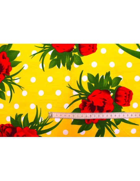 Tissu Popeline Coton Imprimé Fleur Pois Jaune -Au Mètre