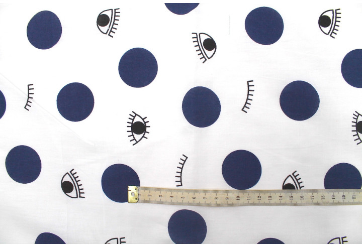 Tissu Popeline Coton Imprimé Eyes Pois Marine -Au Mètre