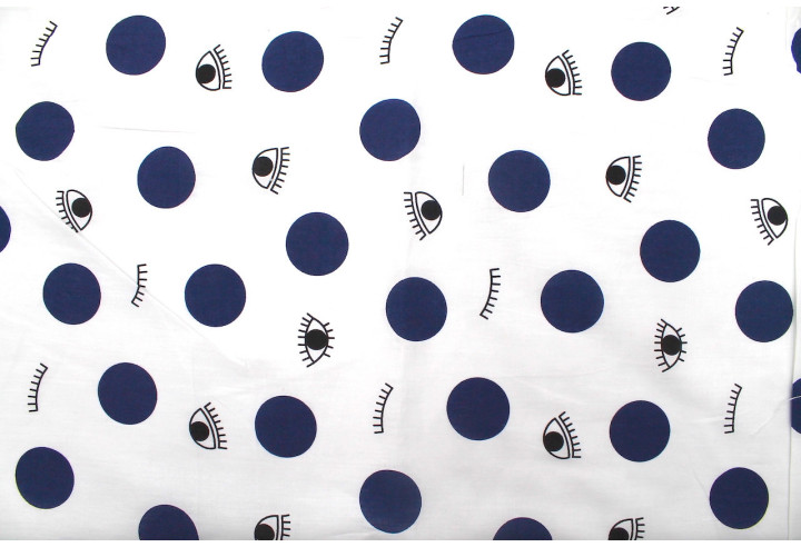 Tissu Popeline Coton Imprimé Eyes Pois Marine -Au Mètre