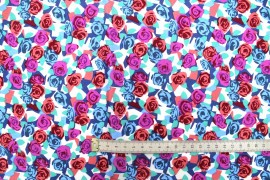 Tissu Popeline Coton Imprimé Fleur Paper Bleu -Au Mètre