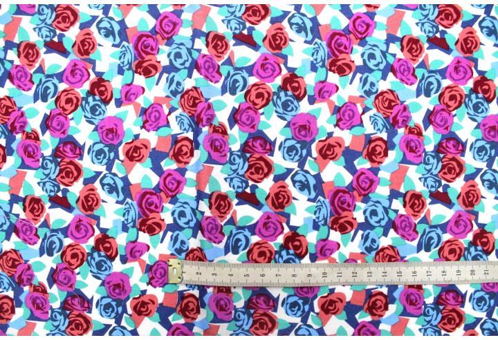 Tissu Popeline Coton Imprimé Fleur Paper Bleu -Au Mètre