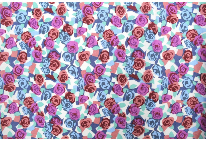 Tissu Popeline Coton Imprimé Fleur Paper Bleu -Au Mètre