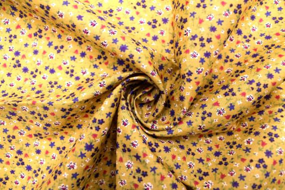 Tissu Popeline Coton Imprimé Petites Fleures Moutarde -Au Mètre