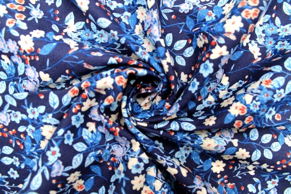 Tissu Popeline Coton Imprimé Fleur Aqua Marine -Au Mètre