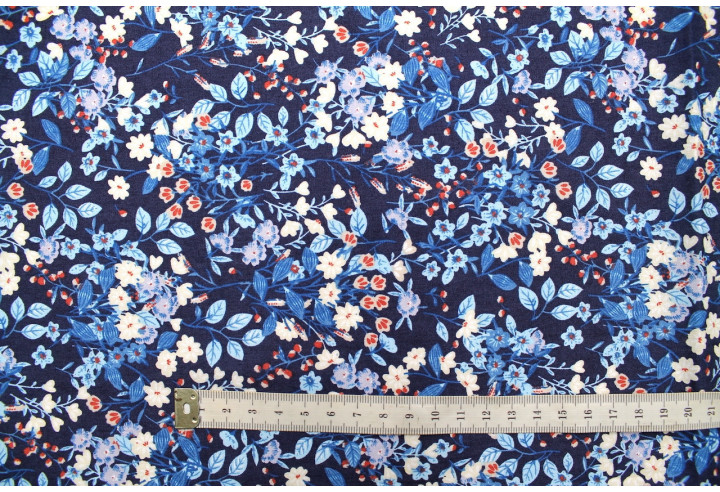 Tissu Popeline Coton Imprimé Fleur Aqua Marine -Au Mètre