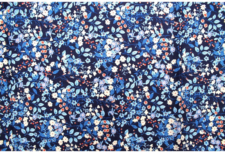 Tissu Popeline Coton Imprimé Fleur Aqua Marine -Au Mètre