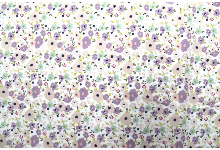 Tissu Popeline Coton Imprimé Fleur Mélania Mauve -Au Mètre