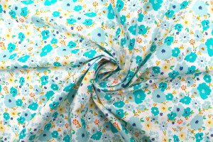 Tissu Popeline Coton Imprimé Fleur Mélania Turquoise -Au Mètre