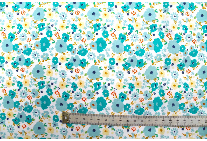 Tissu Popeline Coton Imprimé Fleur Mélania Turquoise -Au Mètre