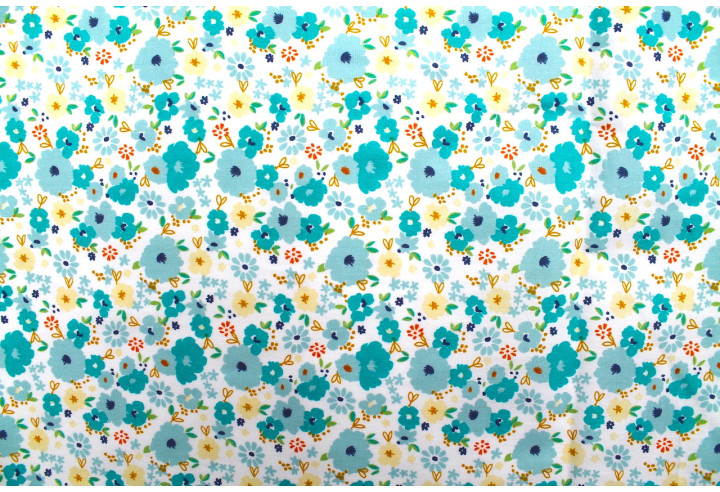 Tissu Popeline Coton Imprimé Fleur Mélania Turquoise -Au Mètre