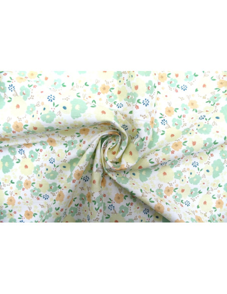 Tissu Popeline Coton Imprimé Fleur Mélania Vert -Au Mètre