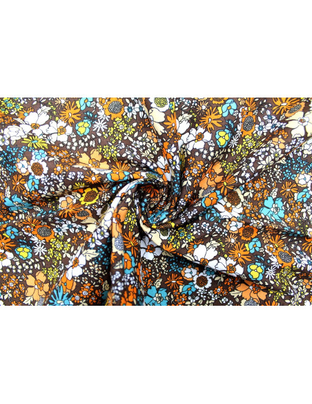 Tissu Popeline Coton Imprimé Fleur Peony Choco -Au Mètre