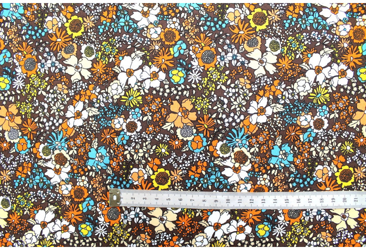 Tissu Popeline Coton Imprimé Fleur Peony Choco -Au Mètre