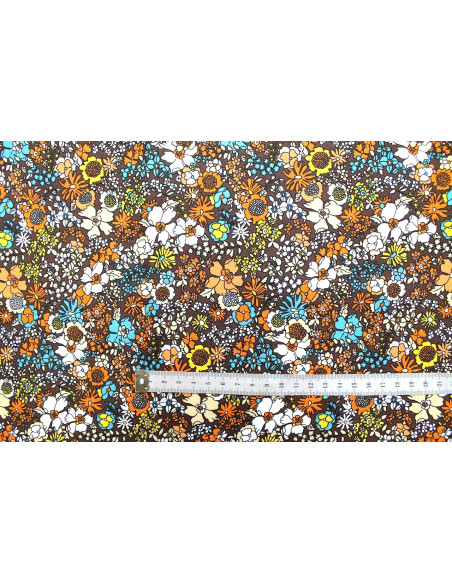 Tissu Popeline Coton Imprimé Fleur Peony Choco -Au Mètre