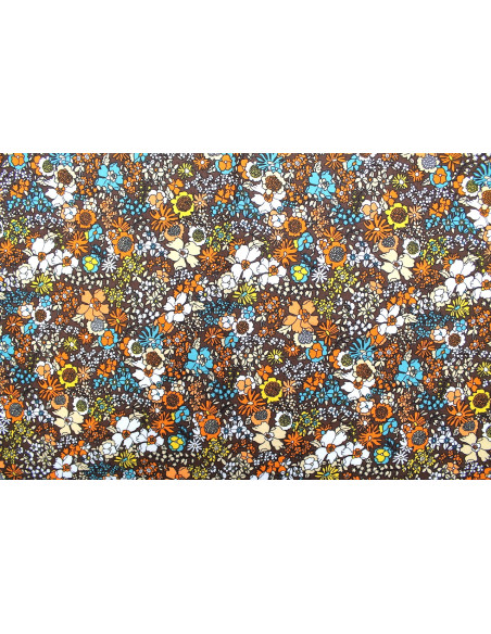 Tissu Popeline Coton Imprimé Fleur Peony Choco -Au Mètre