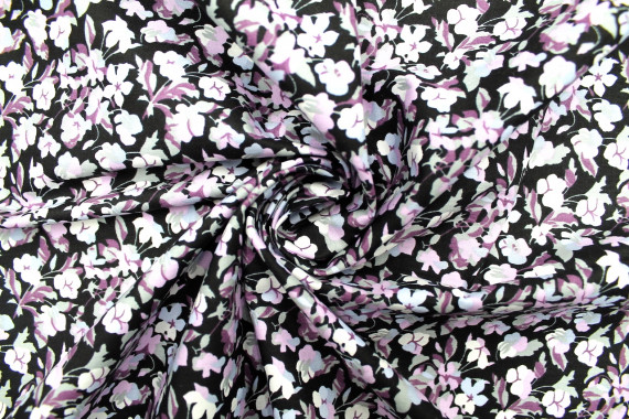 Tissu Popeline Coton Imprimé Fleur Mégane Noir -Au Mètre