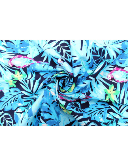 Tissu Popeline Coton Imprimé Palmier Perruche Turquoise -Au Mètre