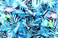 Tissu Popeline Coton Imprimé Palmier Perruche Turquoise -Au Mètre