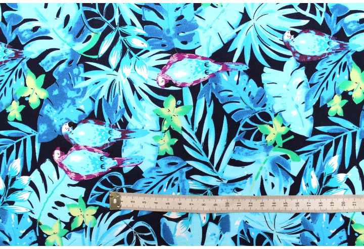 Tissu Popeline Coton Imprimé Palmier Perruche Turquoise -Au Mètre