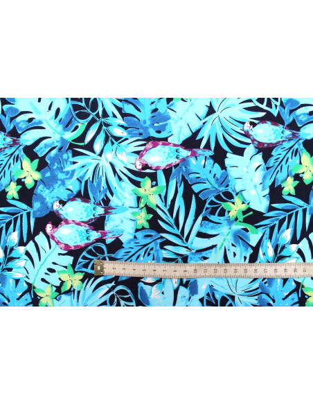 Tissu Popeline Coton Imprimé Palmier Perruche Turquoise -Au Mètre
