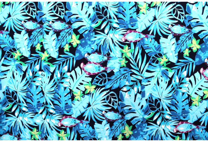 Tissu Popeline Coton Imprimé Palmier Perruche Turquoise -Au Mètre