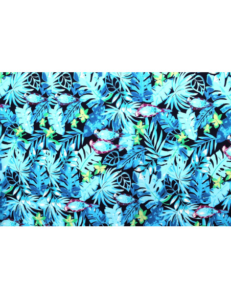 Tissu Popeline Coton Imprimé Palmier Perruche Turquoise -Au Mètre