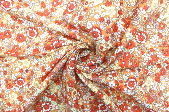 Tissu Popeline Coton Imprimé Fleur Honora Orange -Au Mètre