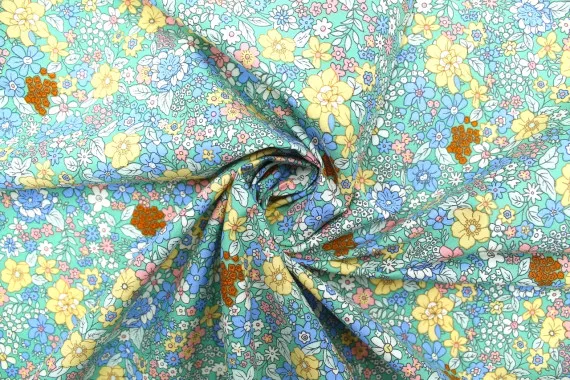 Tissu Popeline Coton Imprimé Fleur Honora Vert -Au Mètre