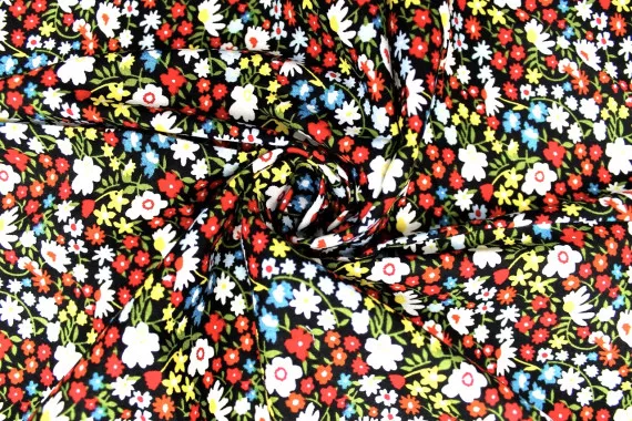 Tissu Popeline Coton Imprimé Fleur Kali Noir et Rouge -Au Mètre