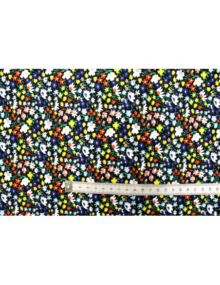 Tissu Popeline Coton Imprimé Fleur Kali Noir et Marine -Au Mètre