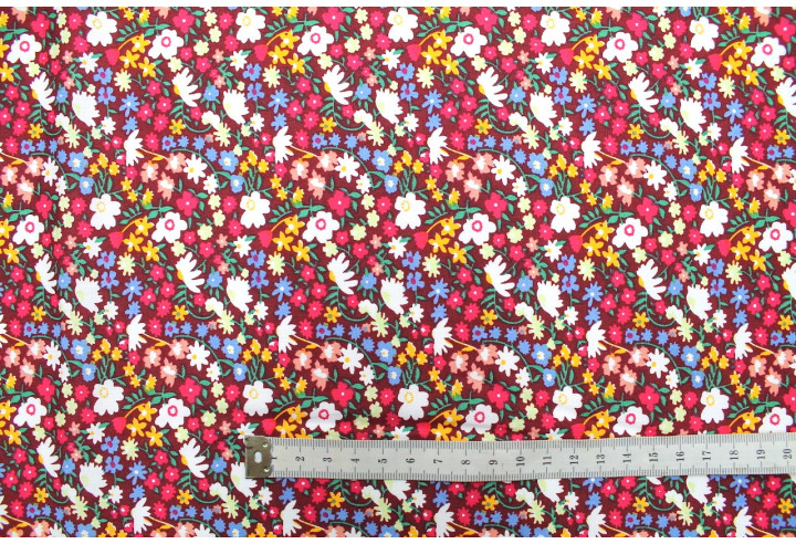 Tissu Popeline Coton Imprimé Fleur Kali Bordeaux -Au Mètre