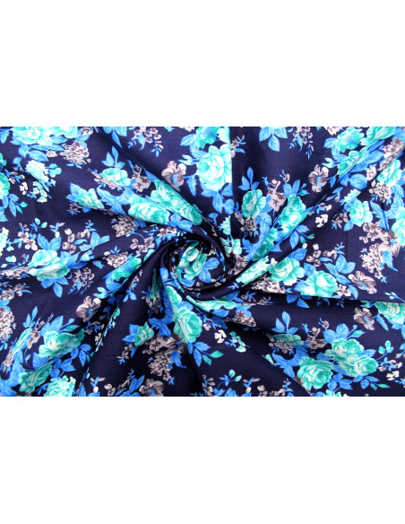 Tissu Popeline Coton Imprimé Fleur Orite Marine -Au Mètre
