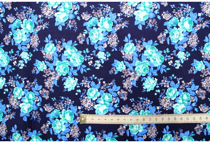 Tissu Popeline Coton Imprimé Fleur Orite Marine -Au Mètre