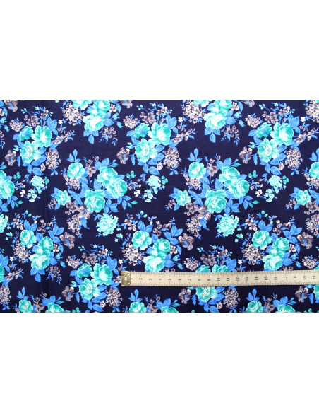 Tissu Popeline Coton Imprimé Fleur Orite Marine -Au Mètre