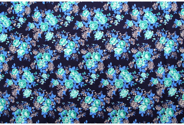 Tissu Popeline Coton Imprimé Fleur Orite Marine -Au Mètre
