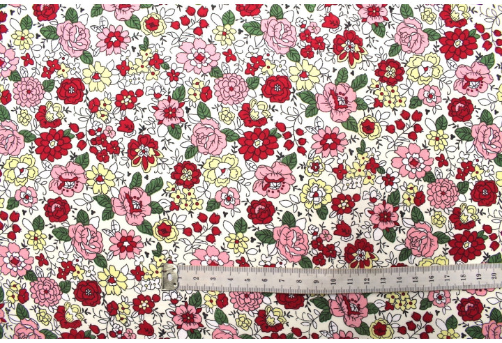 Tissu Popeline Coton Imprimé Fleur Béa Écru -Au Mètre