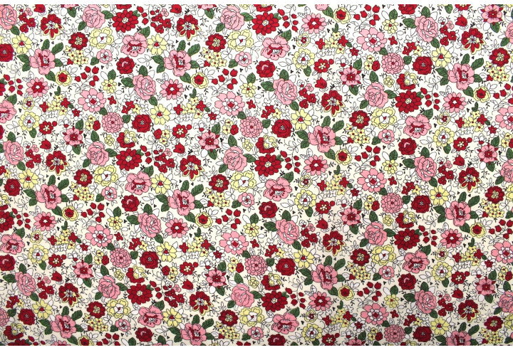 Tissu Popeline Coton Imprimé Fleur Béa Écru -Au Mètre
