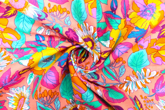 Tissu Popeline Coton Imprimé Fleur Colorway Corail -Au Mètre