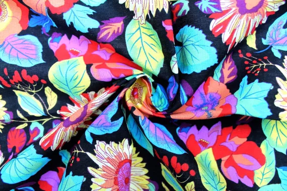 Tissu Popeline Coton Imprimé Fleur Colorway Noir -Au Mètre