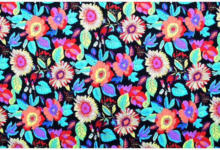 Tissu Popeline Coton Imprimé Fleur Colorway Noir -Au Mètre