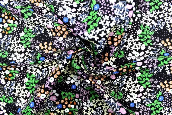 Tissu Popeline Coton Imprimé Fleur Marina Noir -Au Mètre