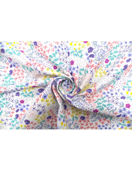 Tissu Popeline Coton Imprimé Fleur Marina Blanc -Au Mètre