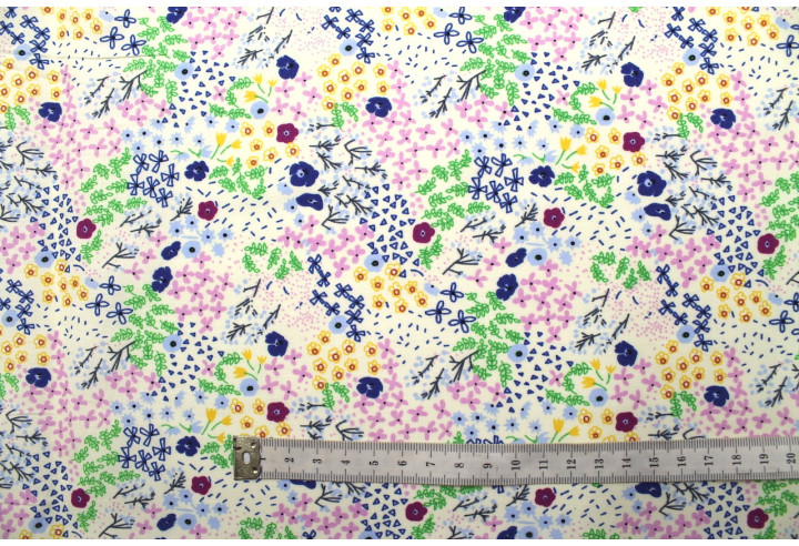 Tissu Popeline Coton Imprimé Fleur Marina Écru -Au Mètre
